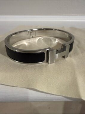 Hermes Silver-Tone Bracelet with Black Inlay